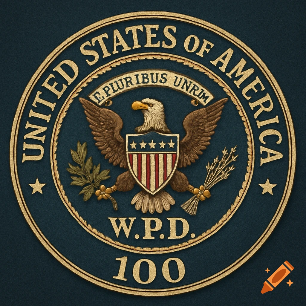 Stylized official seal with United States of America text, eagle, shield, and olive branch.