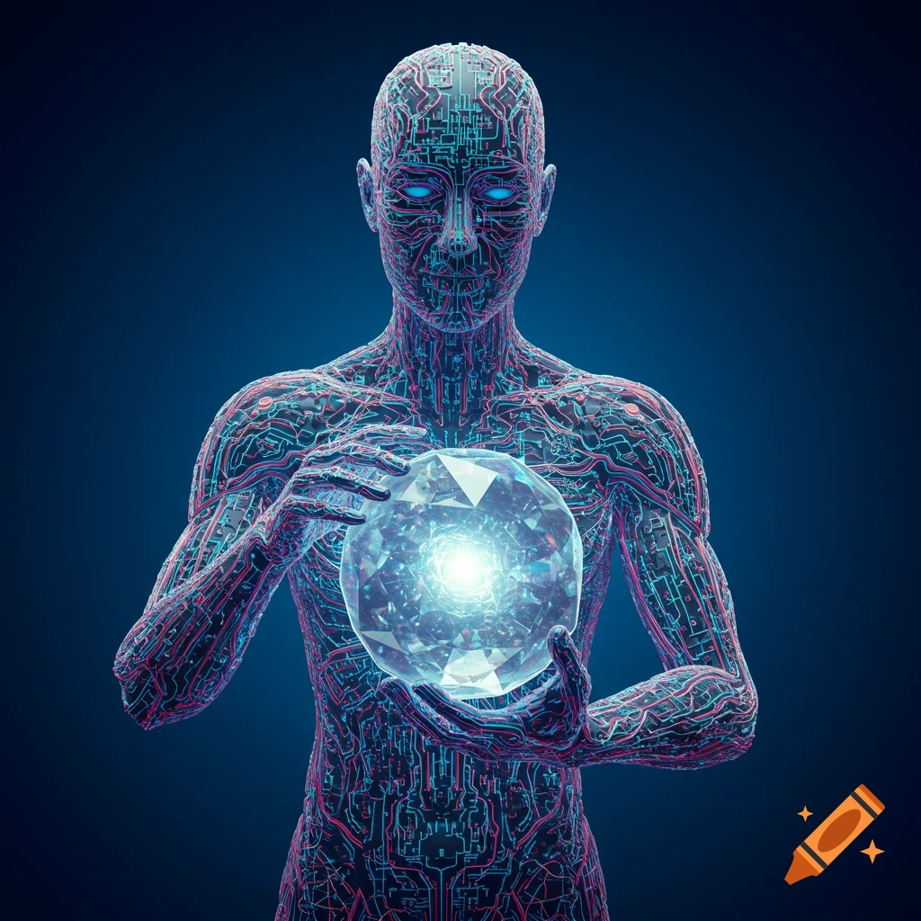 Human figure made of circuitry holding a glowing crystal ball