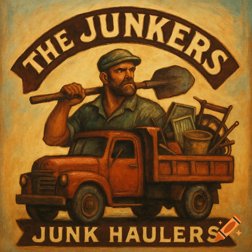 Illustration of a man with a shovel standing by a vintage dump truck loaded with junk. Text banners read THE JUNKERS and JUNK HAULERS.