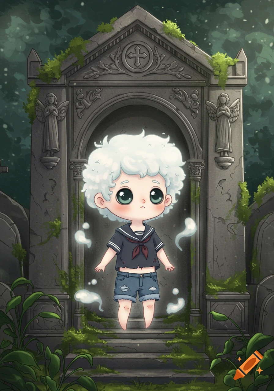Cute ghost child floats in front of a large stone mausoleum in a cemetery, illustration style.