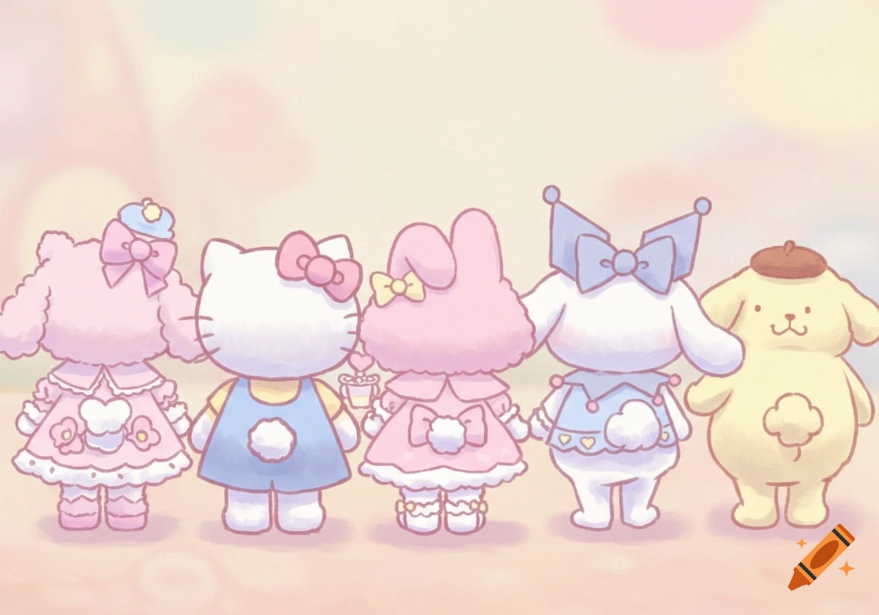 Backs of five Sanrio characters: pink poodle, Hello Kitty, My Melody, Cinnamoroll, Pompompurin, standing in a line.