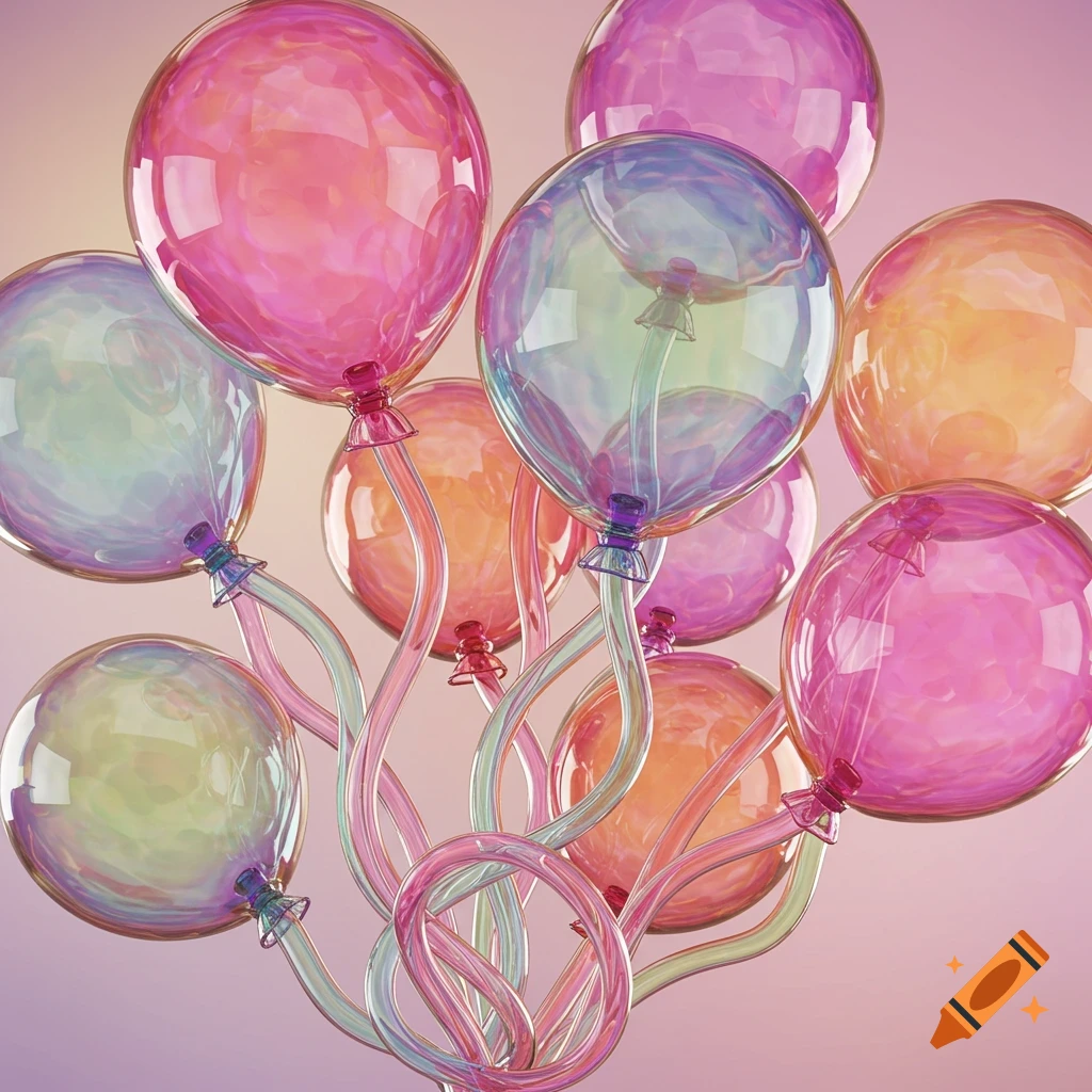 Close-up of many iridescent glass balloons with swirling transparent stems