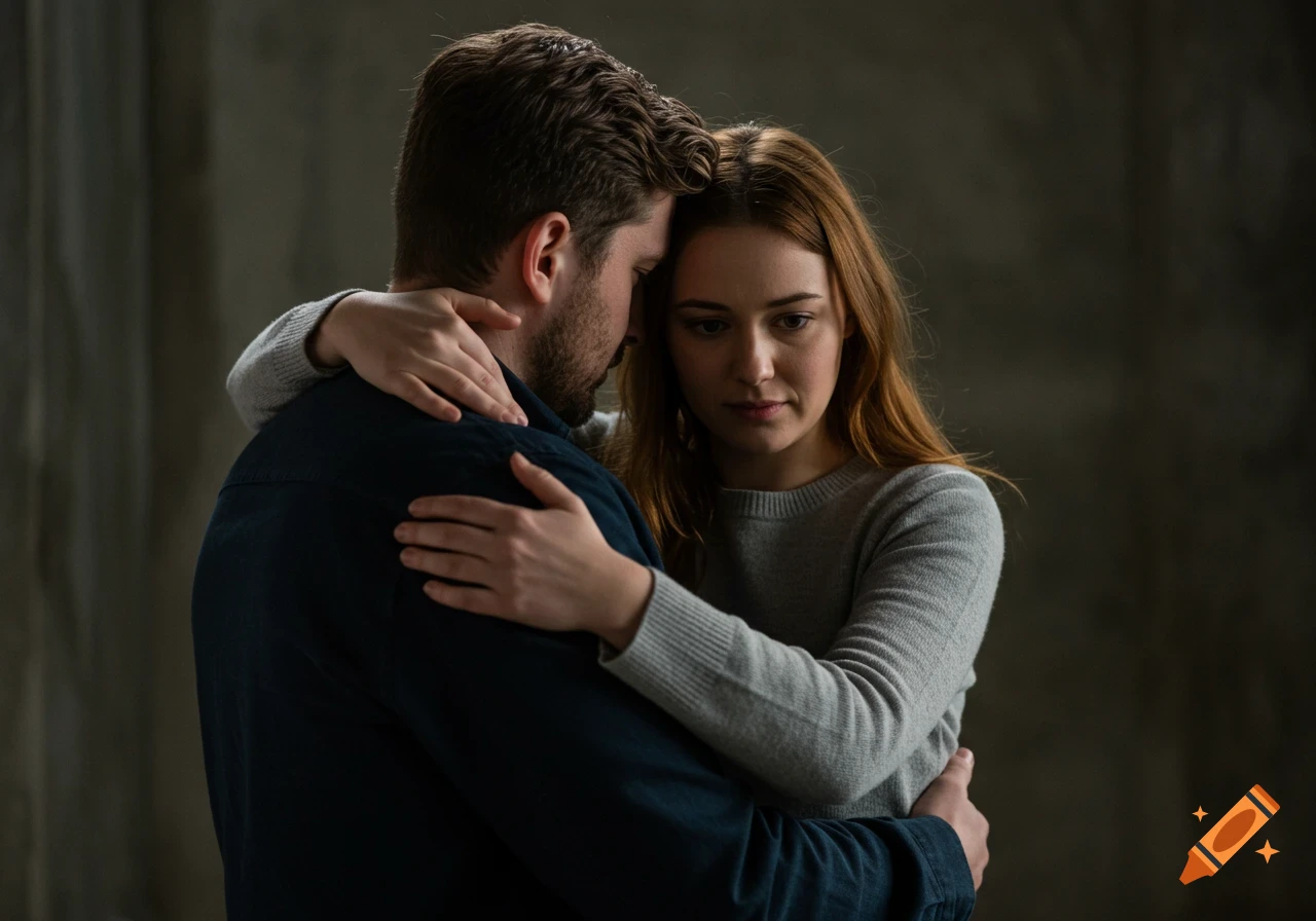 A couple embracing closely, faces showing comfort and connection. Photorealistic.