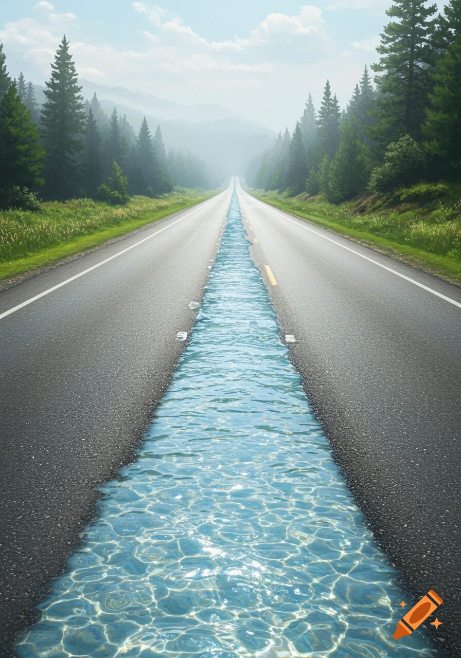 A road with a stream of water flowing down the middle, surrounded by forest and mountains.