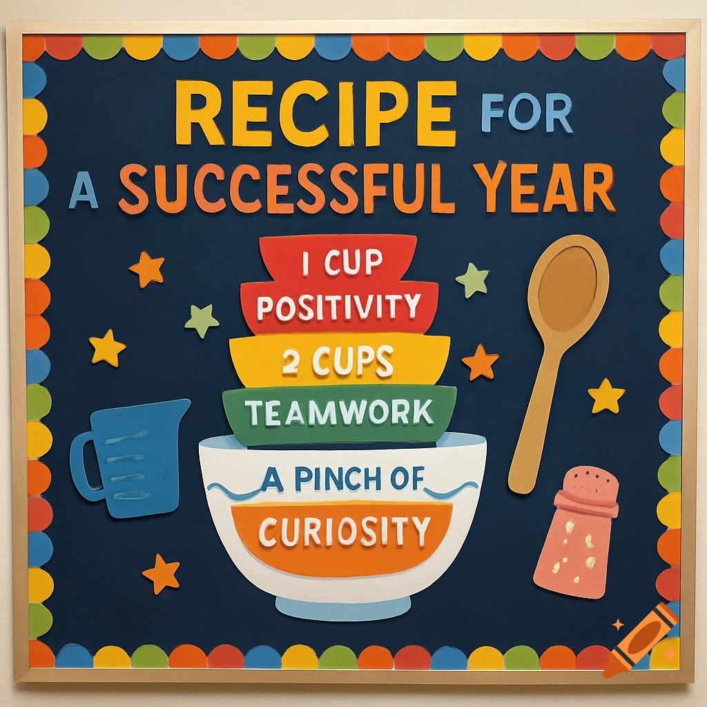 Colorful school bulletin board with a recipe theme, titled "Recipe for a Successful Year", featuring cutouts of bowls, spoon, and motivational phrases like "Positivity", "Teamwork", and "Curiosity".