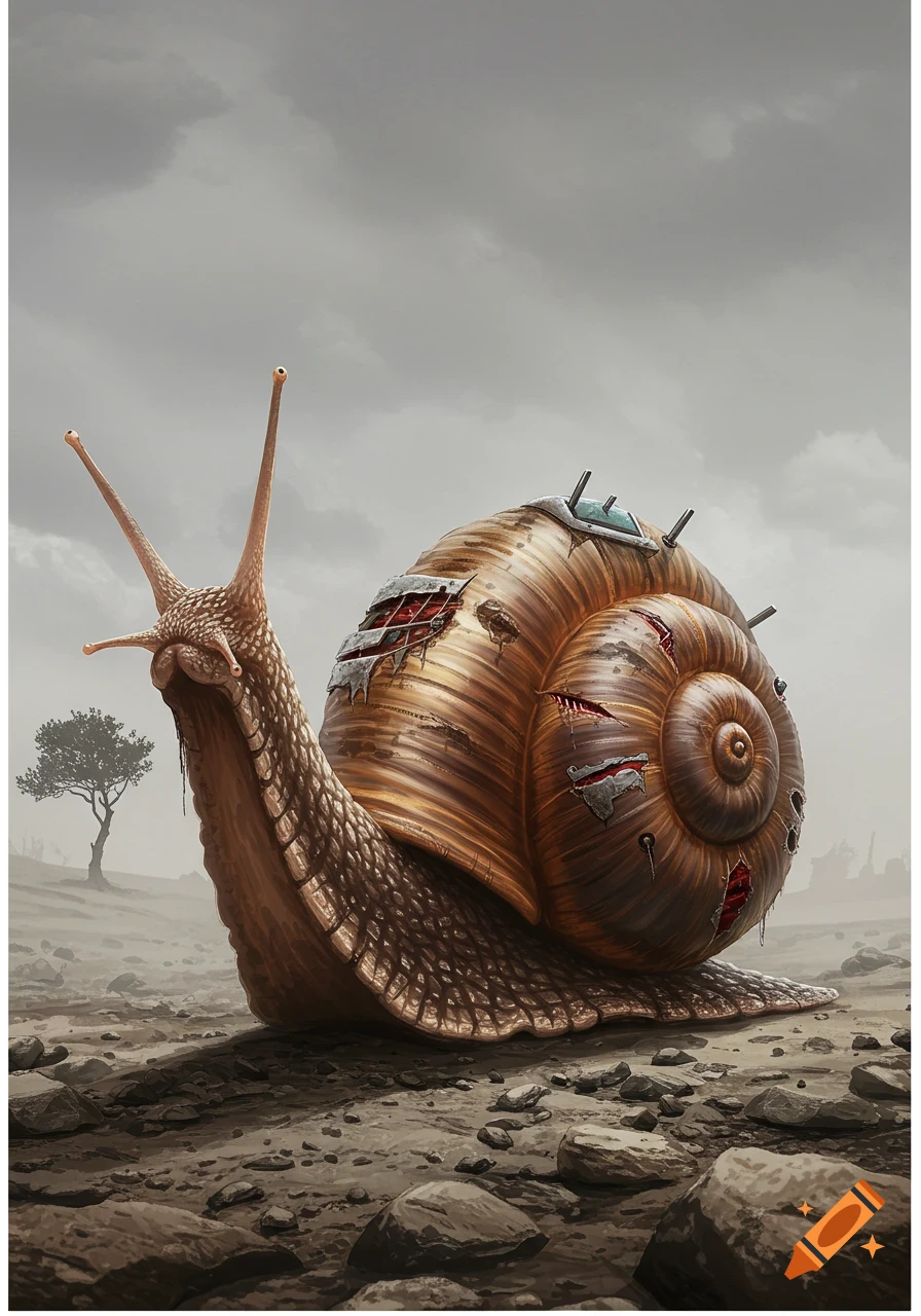 A snail with a damaged, metallic shell wanders a rocky, barren ...