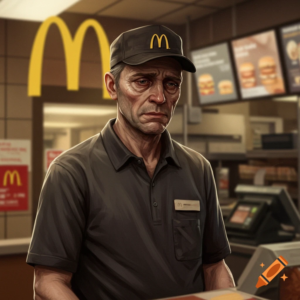 A sad man wearing a McDonald's uniform stands in a McDonald's restaurant.