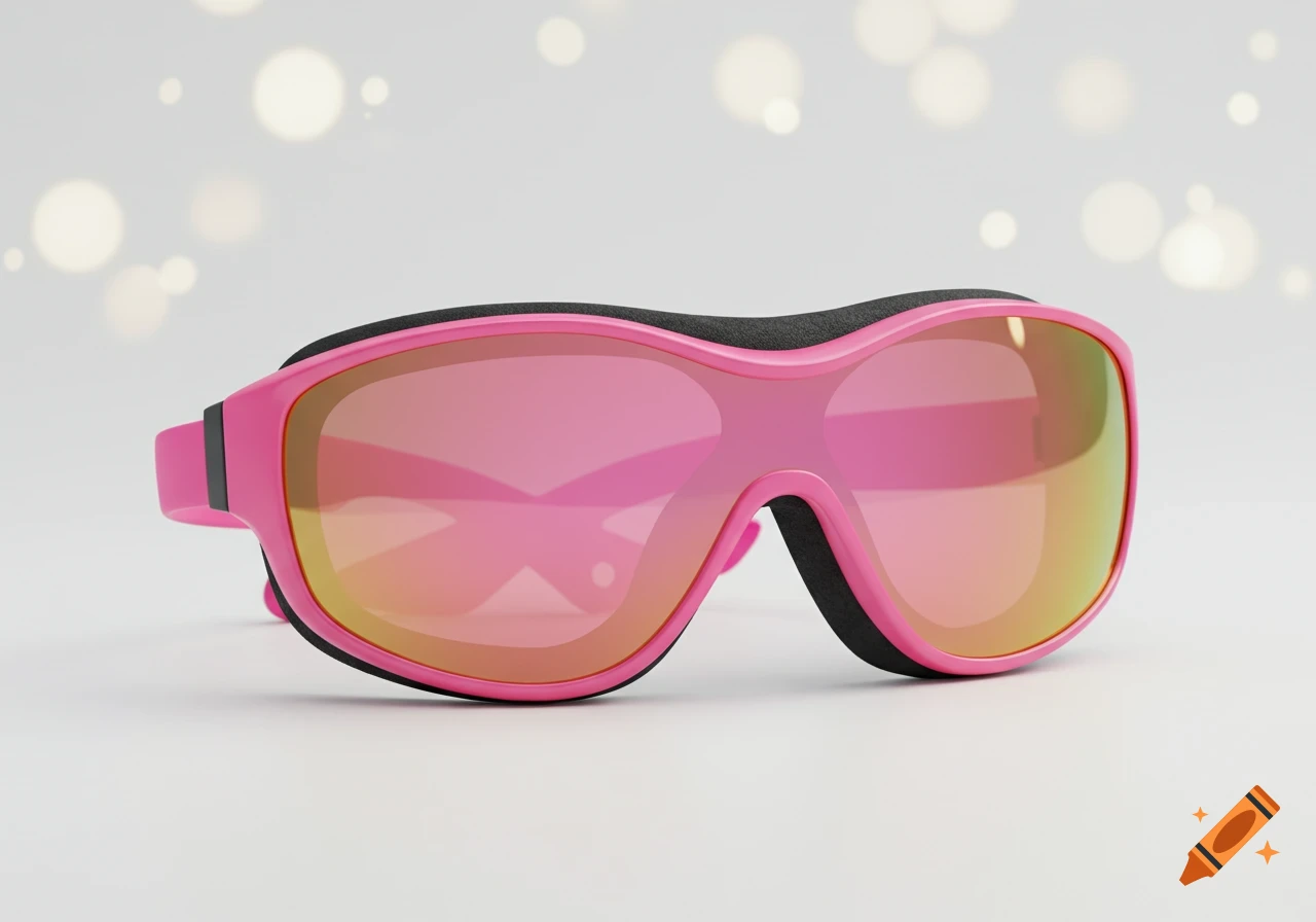 Close-up of pink goggles with reflective lenses and bokeh lights in the background.