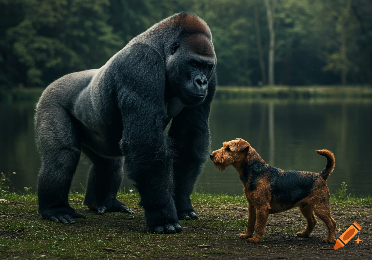 A large silverback gorilla stands facing a small terrier-type dog by a ...