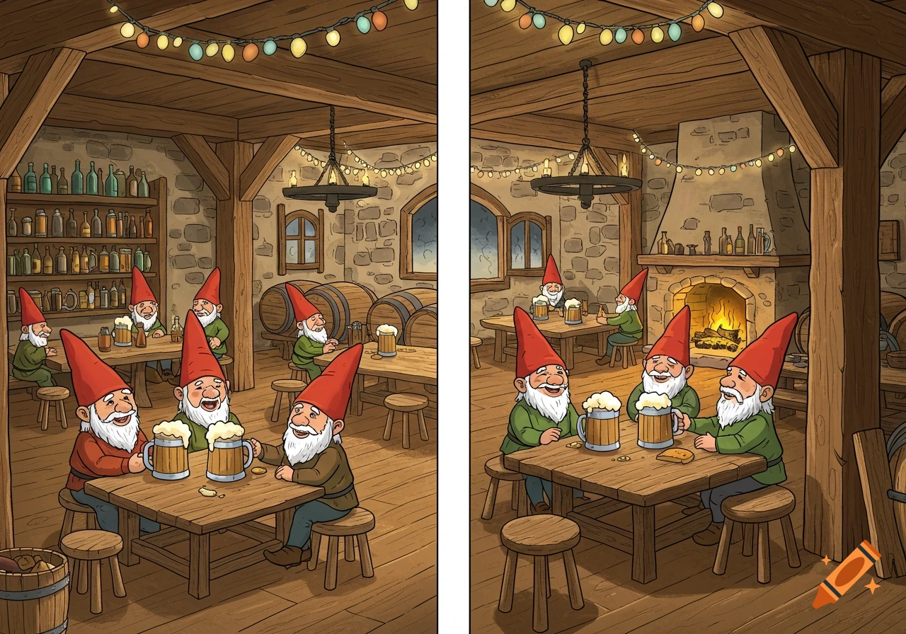 Cartoon illustration of gnomes drinking beer in a cozy old tavern.