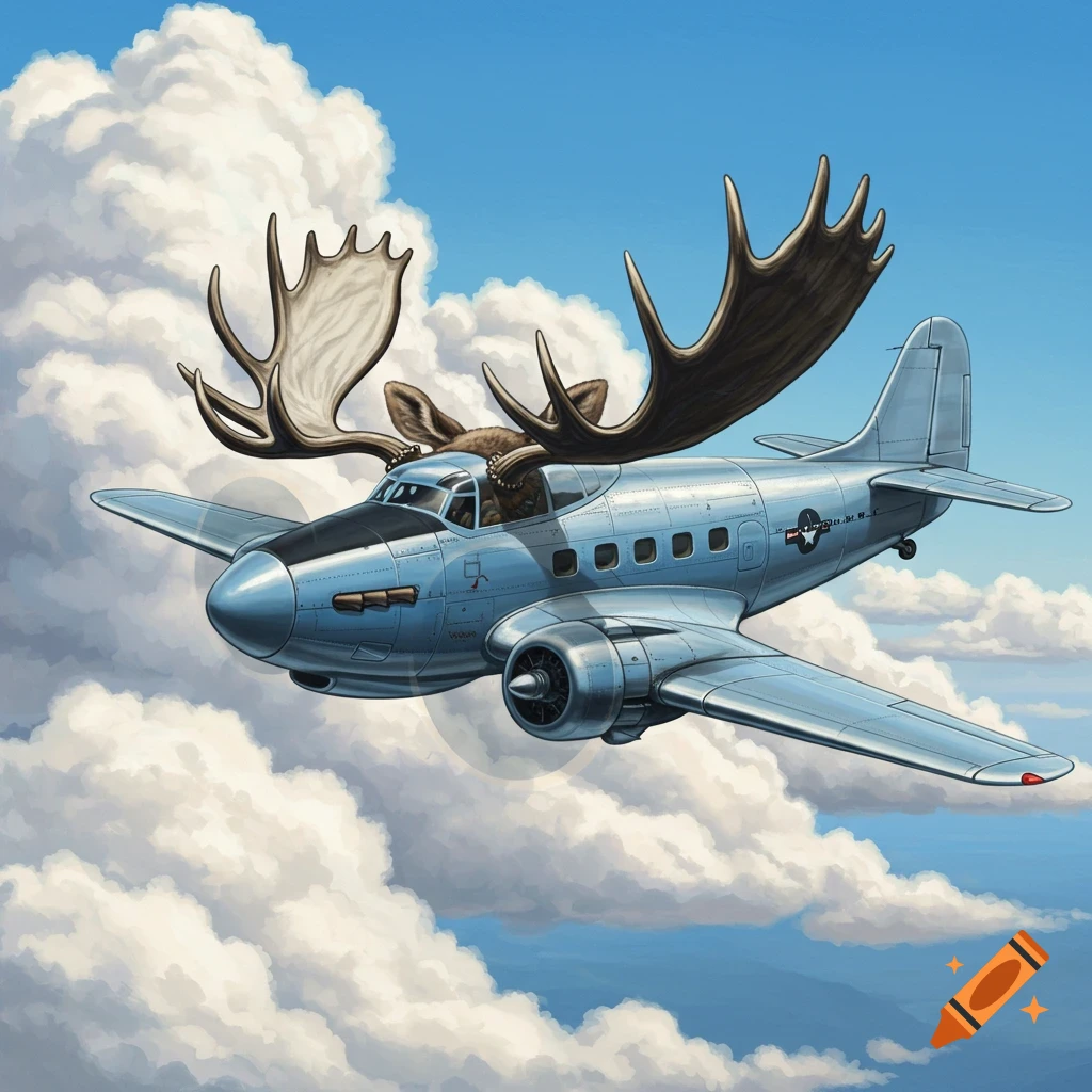 A moose with large antlers pilots a silver airplane through clouds.
