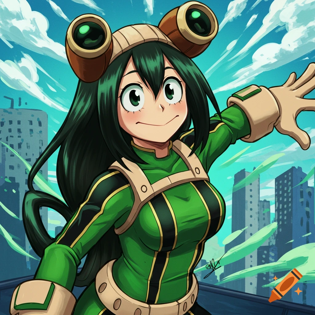 Anime drawing of Tsuyu Asui from My Hero Academia in her hero costume against a city skyline.