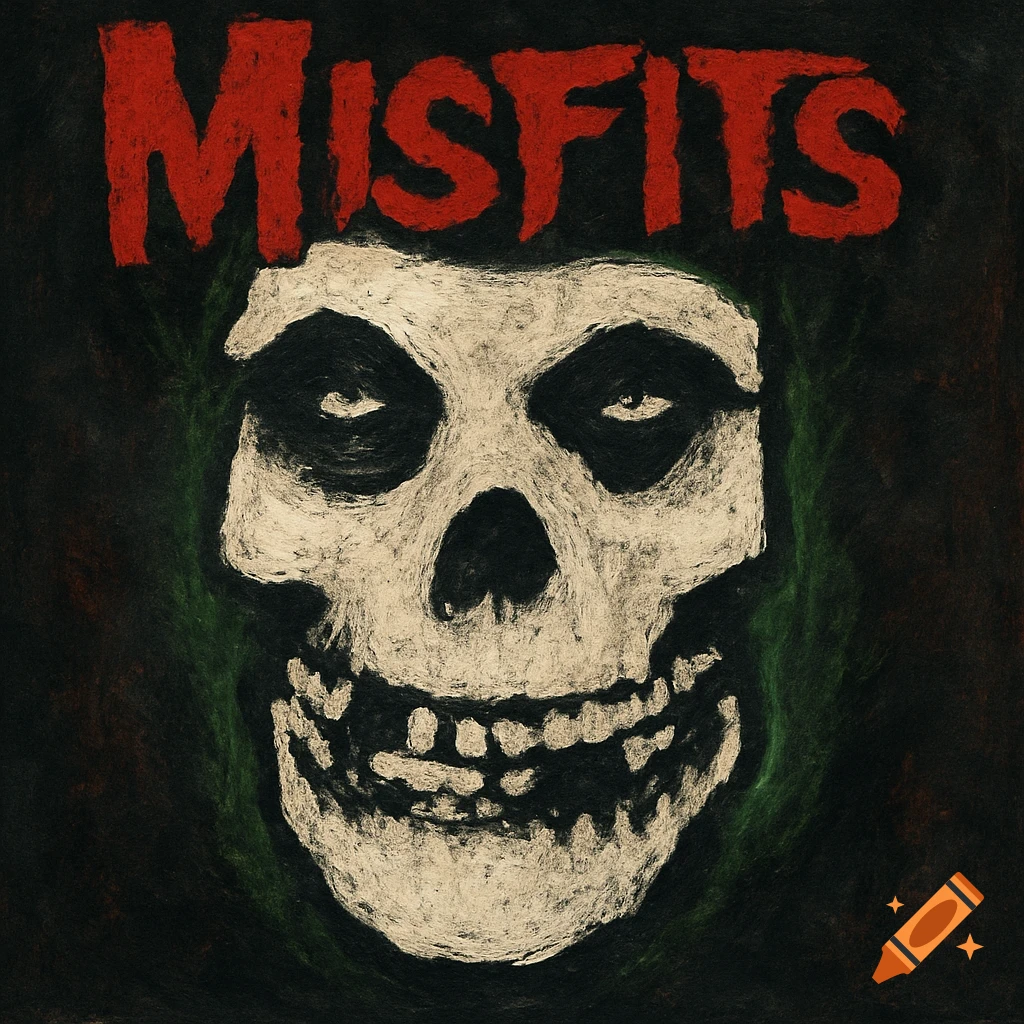 Stylized drawing of the Misfits skull logo with the word MISFITS in red above.