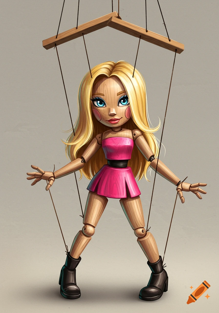 A wooden marionette of a blonde woman in a pink dress and black boots, controlled by strings.