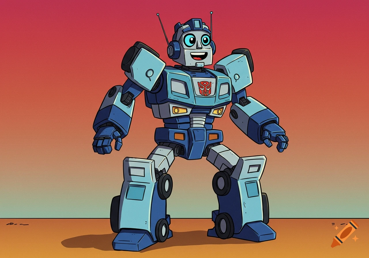 Cartoon robot based on Transformers against a gradient background.