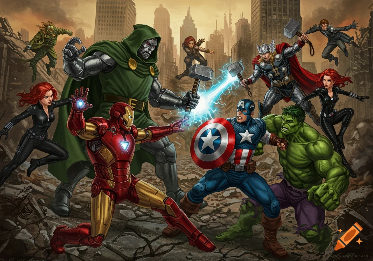 Marvel heroes battle Doctor Doom in ruined city, comic book style illustration.