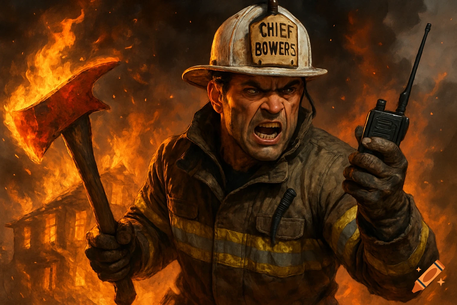Angry firefighter with axe and walkie-talkie in front of burning house, illustration
