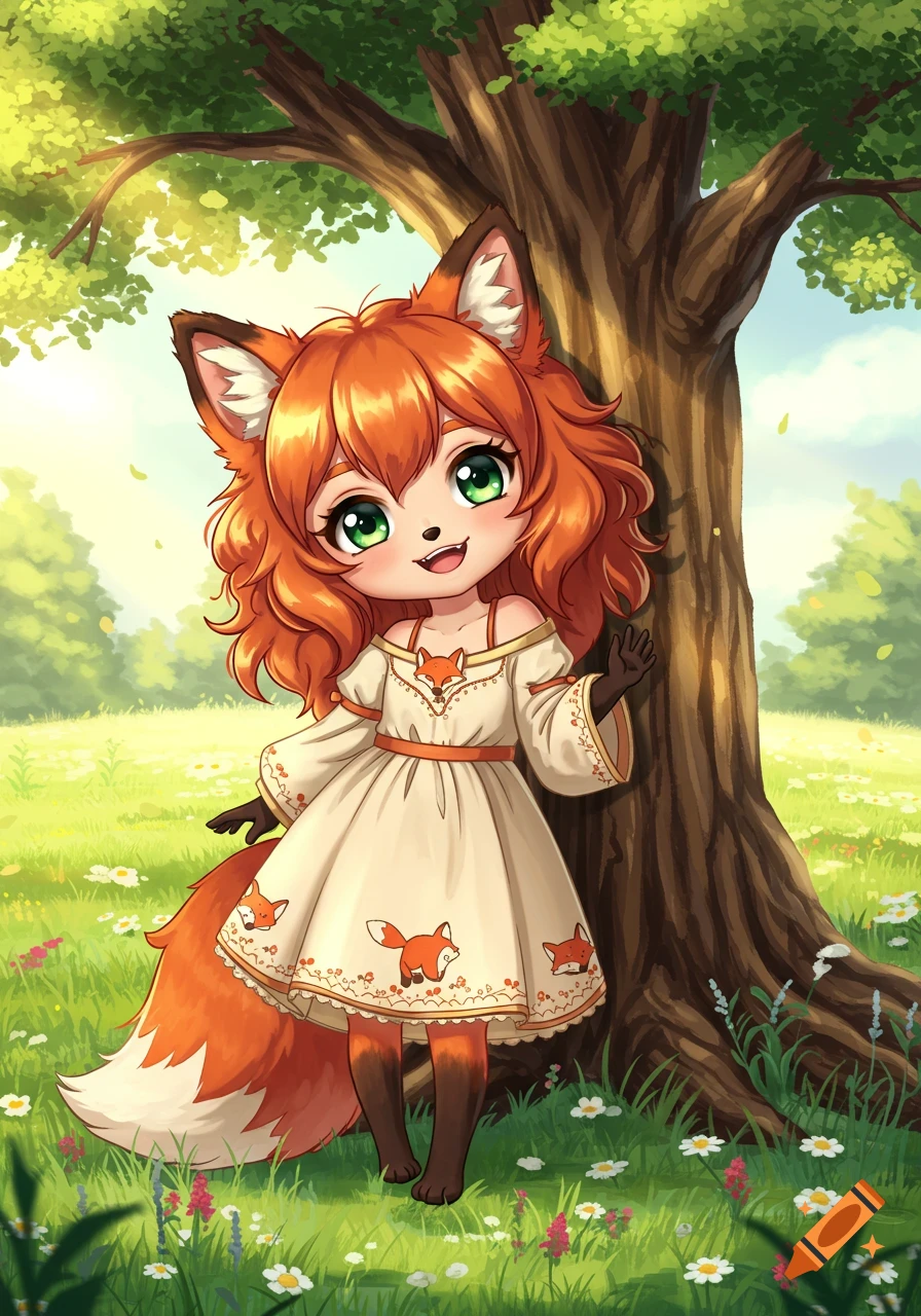 Cute anime fox girl standing by a tree in a sunny field.