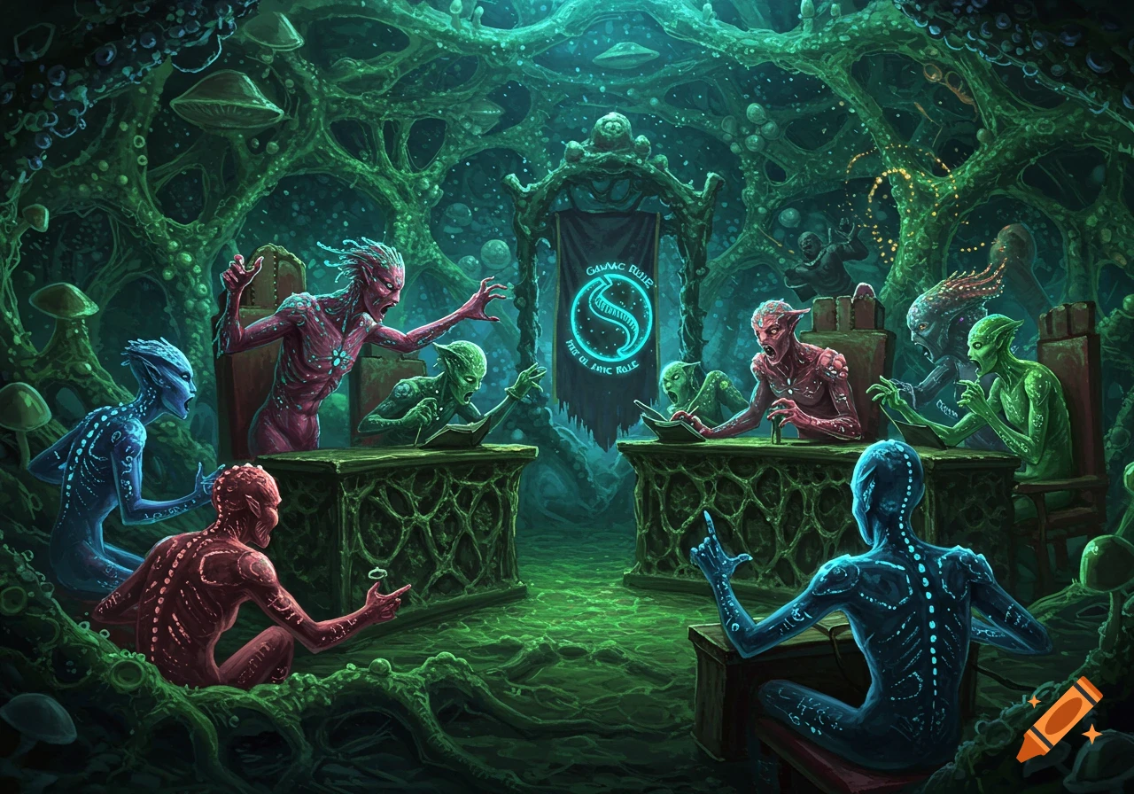 Alien figures debate in a glowing green organic courtroom setting.