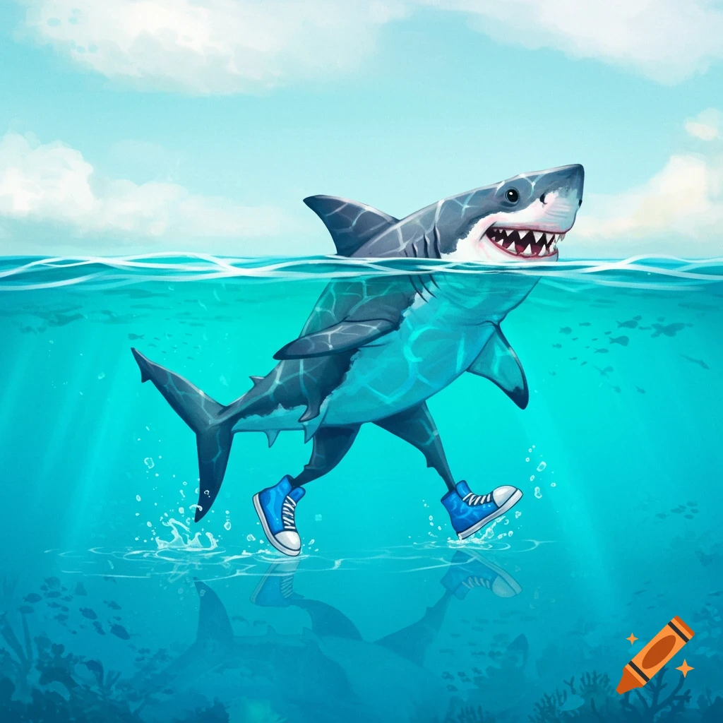 Illustration of a cartoon shark wearing blue shoes and walking on water