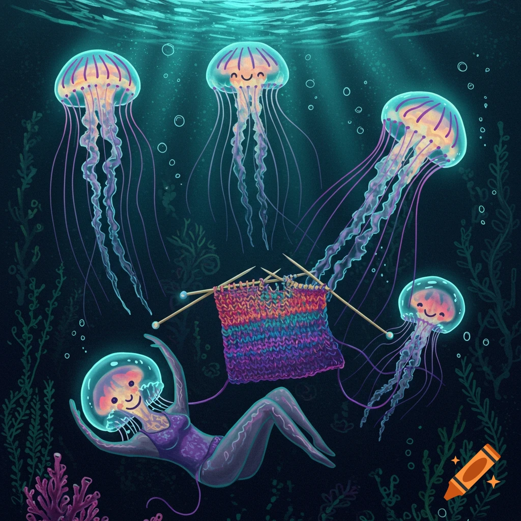 Cute cartoon jellyfish underwater, one knitting colorful fabric, one lying down with human-like legs.