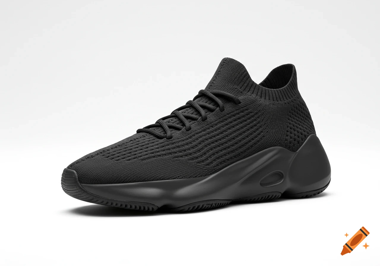 Studio photograph of a modern black sneaker with a sock-like upper and chunky sole on a white background.