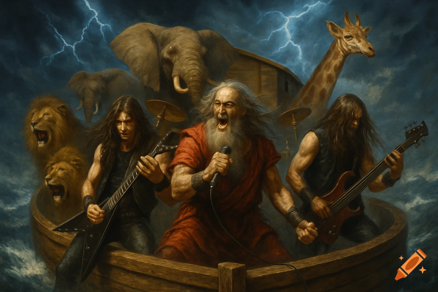 Noah and a heavy metal band play music on the ark during a storm with animals