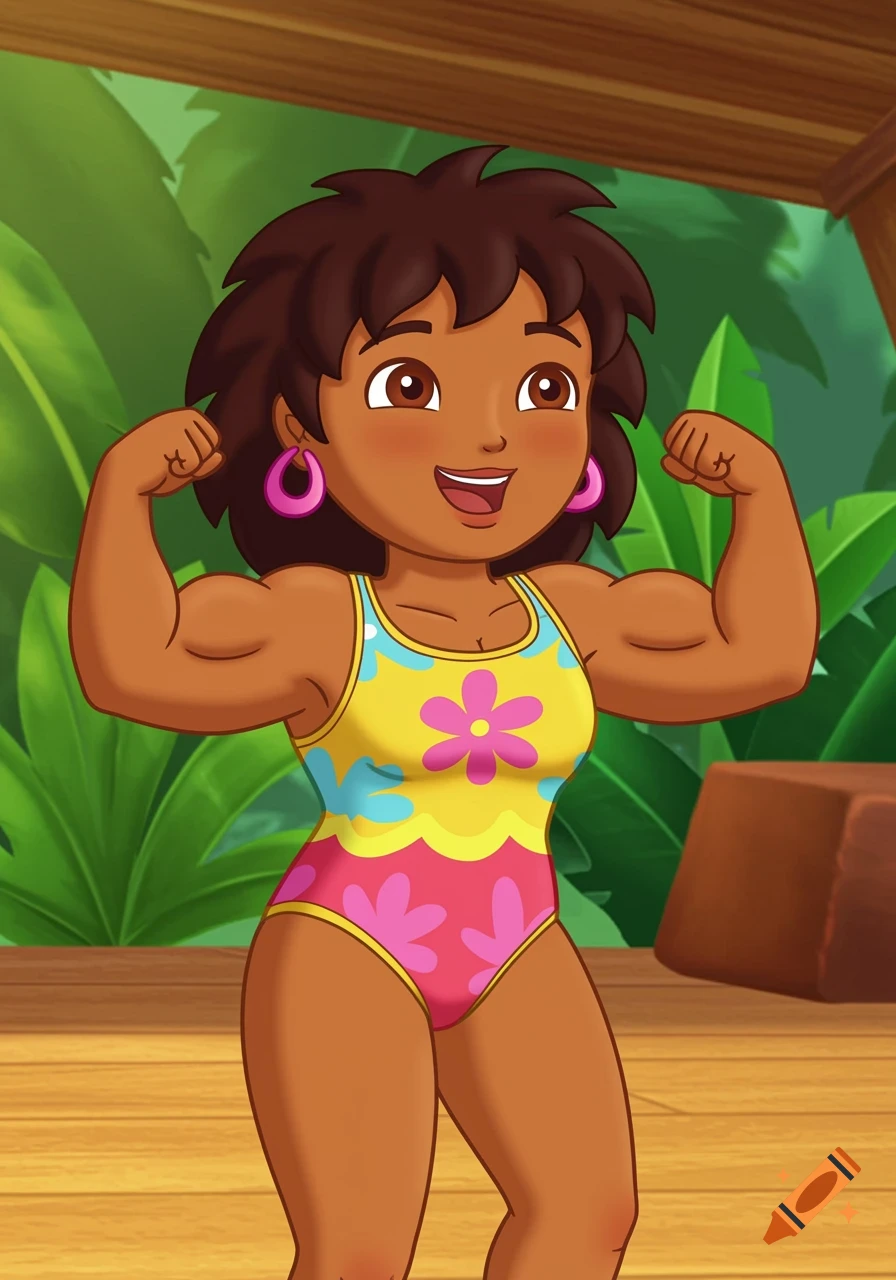 Cartoon character in a floral swimsuit flexing their biceps