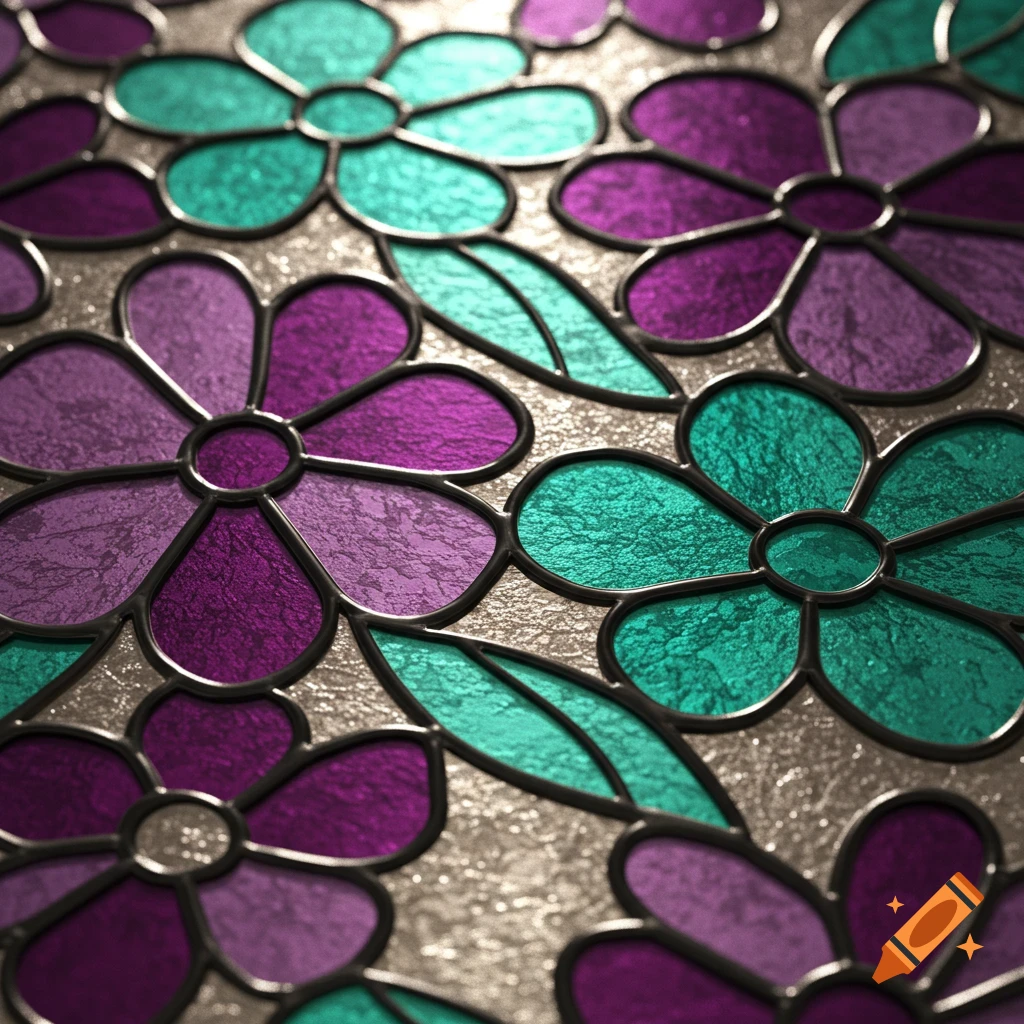 Close-up of stained glass flowers in purple and teal.