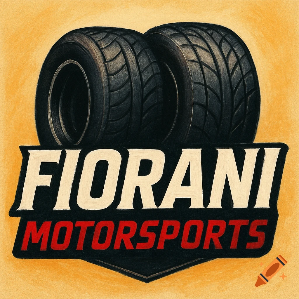 Logo with two tires and text 'Fiorani Motorsports' in a drawing style.