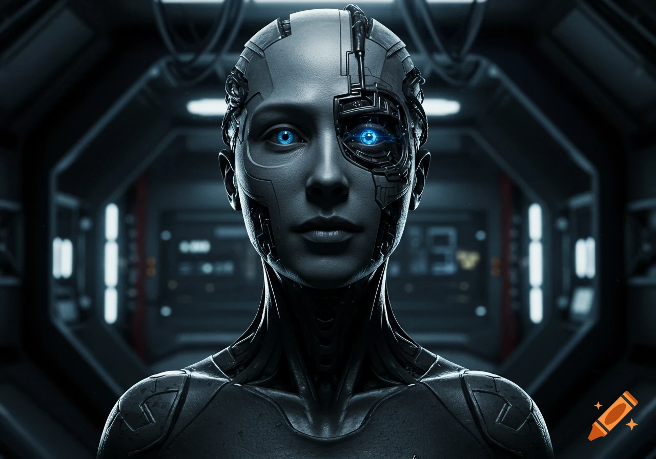 Close-up photorealistic portrait of a cyborg woman with glowing blue eyes in a dark spaceship setting.