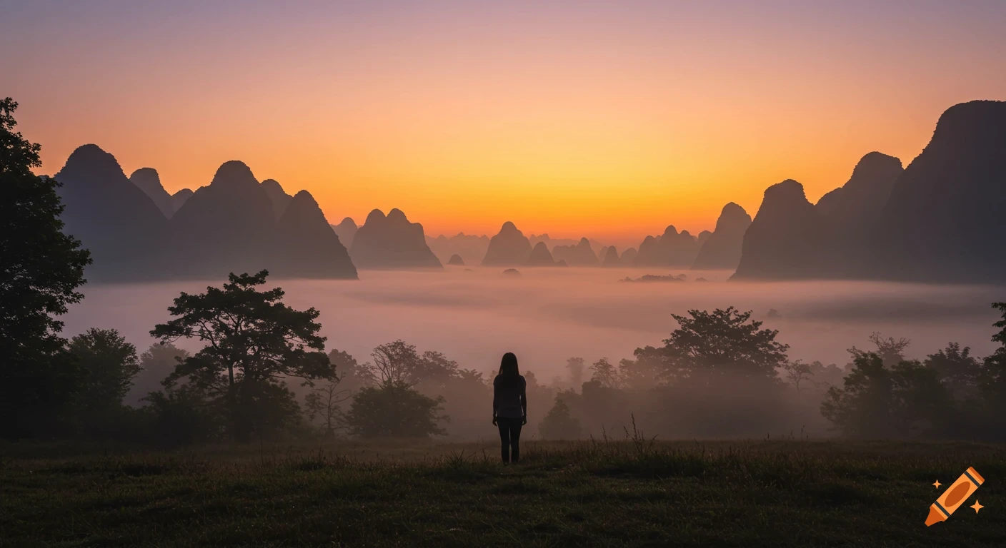 A silhouette of a person stands in a misty field facing mountains at sunrise.