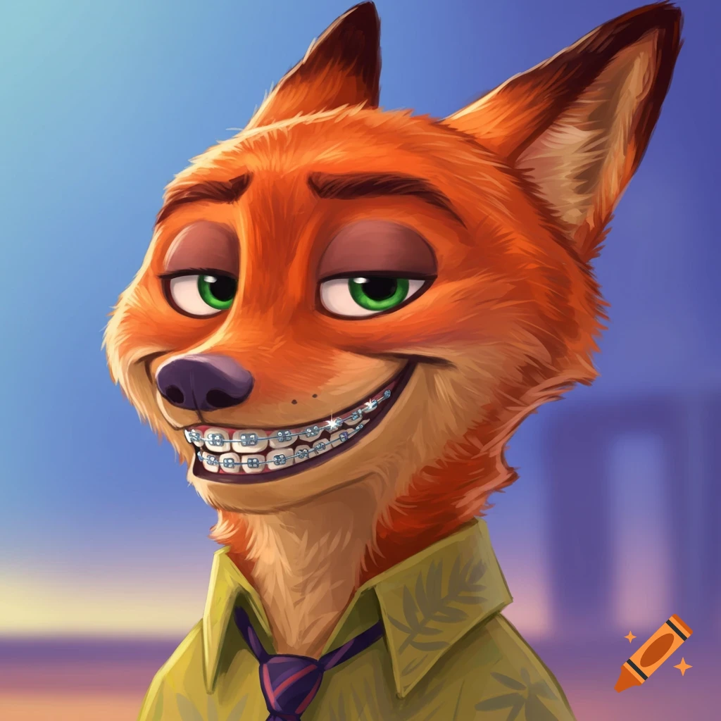 Illustrated portrait of Nick Wilde from Zootopia smiling and wearing dental braces.