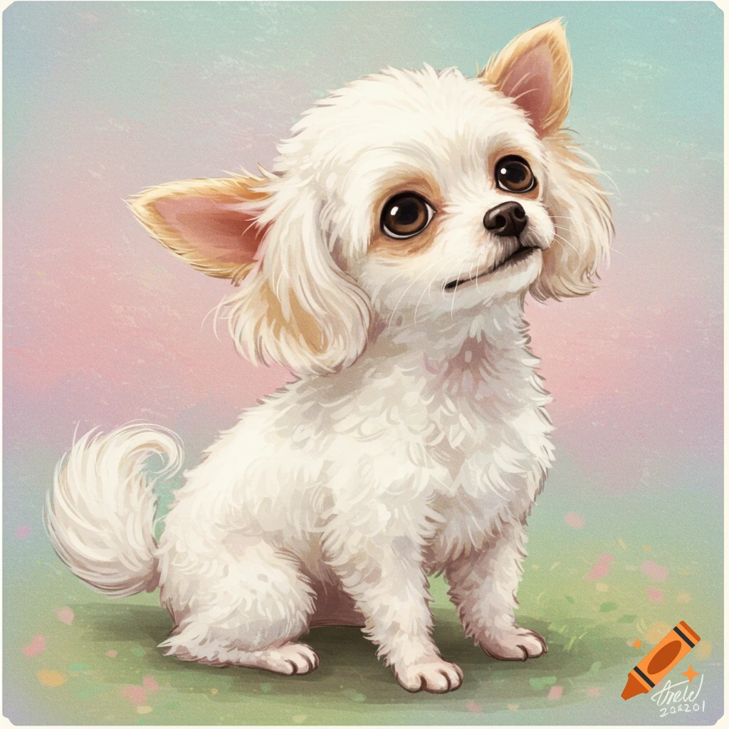 An illustration of a fluffy white puppy with large ears sitting on grass