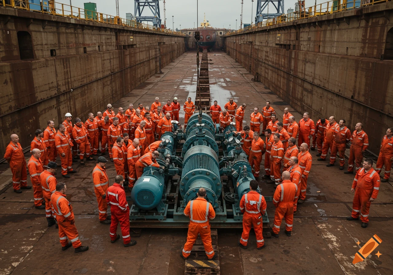 Men in orange overalls gather around large machinery in a dry dock.