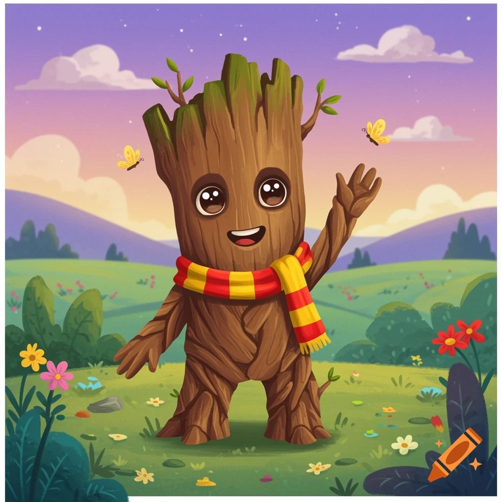 A cute cartoon tree creature resembling Groot waves in a grassy field with butterflies and flowers.