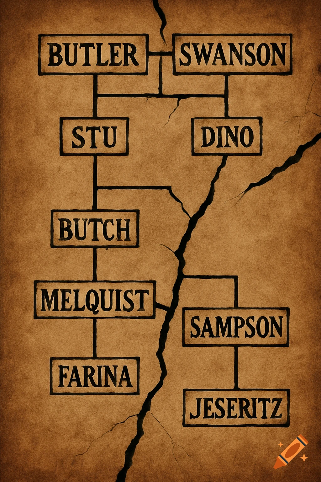 A diagram of a family tree with names in boxes on a cracked piece of old paper.