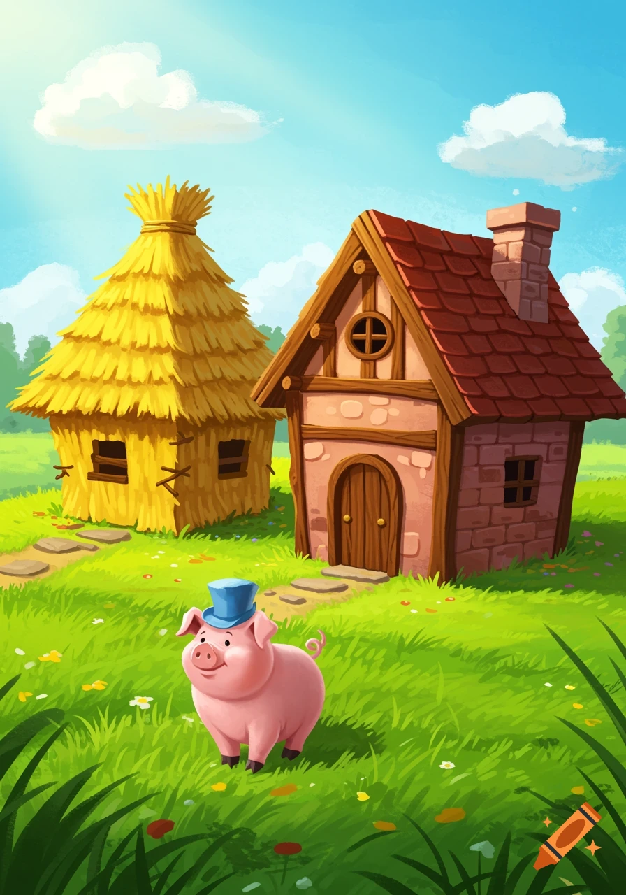 Cartoon illustration of a pig wearing a blue hat standing in front of straw and brick houses.