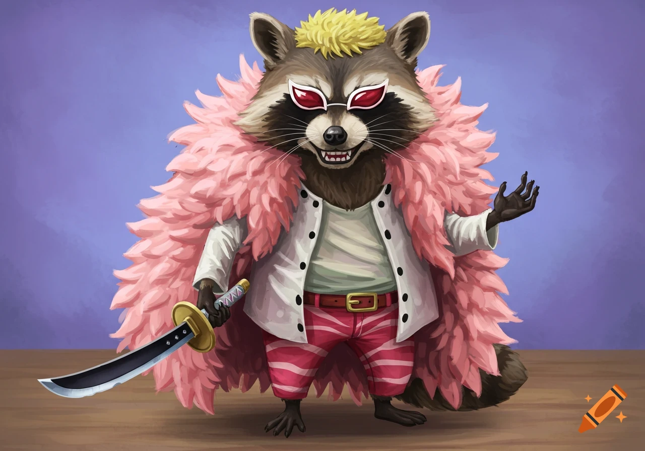 A raccoon dressed as Donquixote Doflamingo holding a sword.