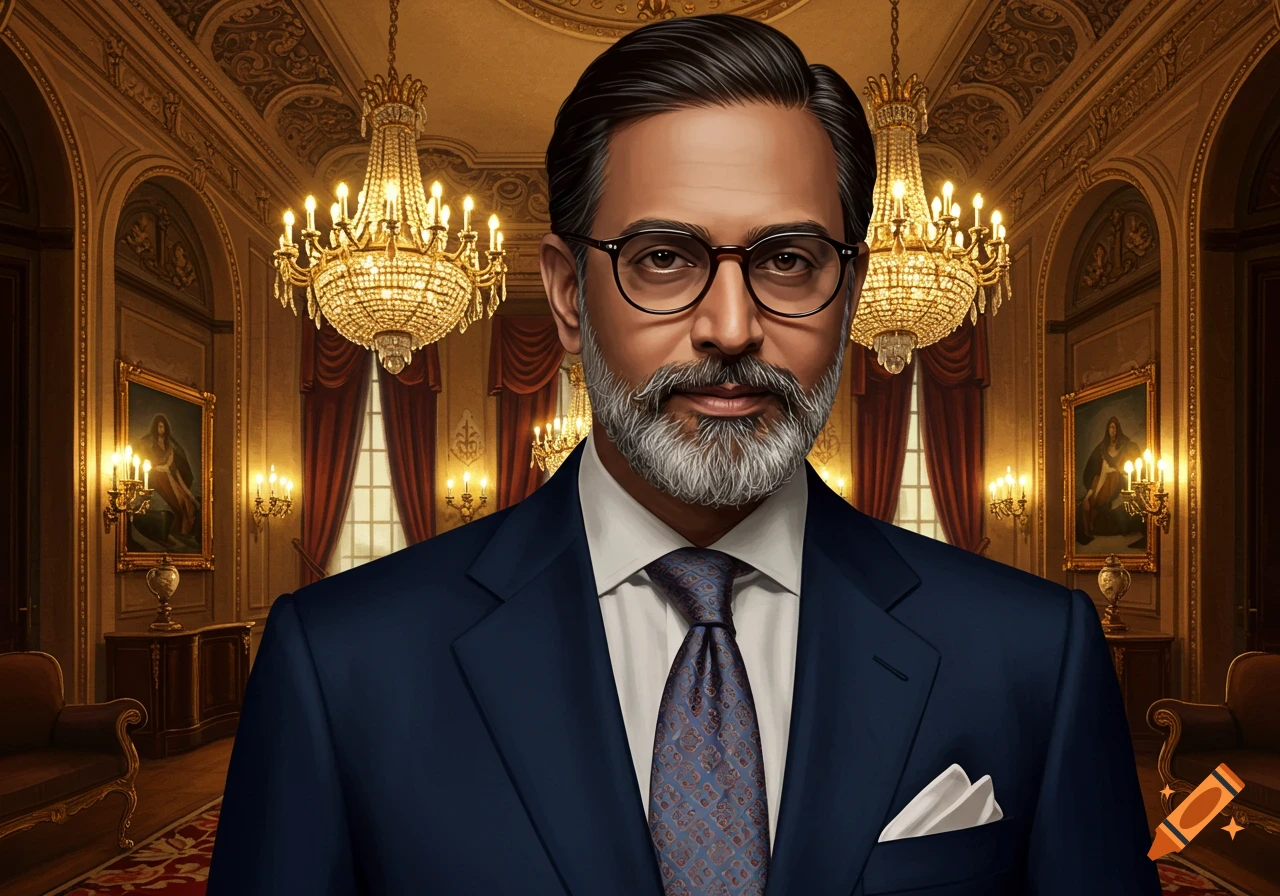 A portrait of a man in a suit with a beard and glasses standing in a lavish room with chandeliers.
