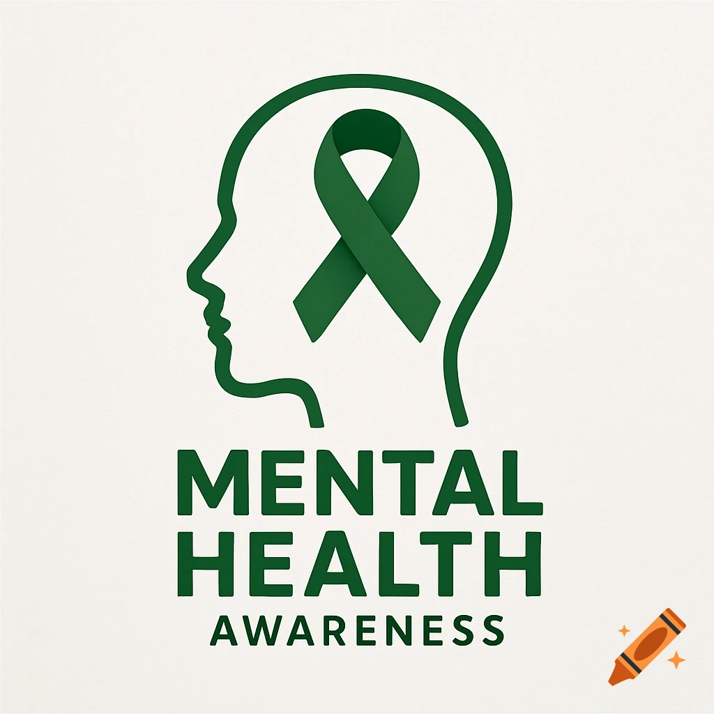 Green ribbon logo inside a head silhouette above the text "MENTAL HEALTH AWARENESS".