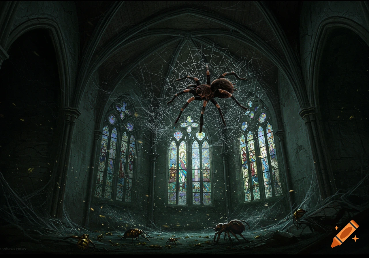 A massive tarantula hangs in a web within a dark, gothic church with stained glass windows. Insects crawl below.