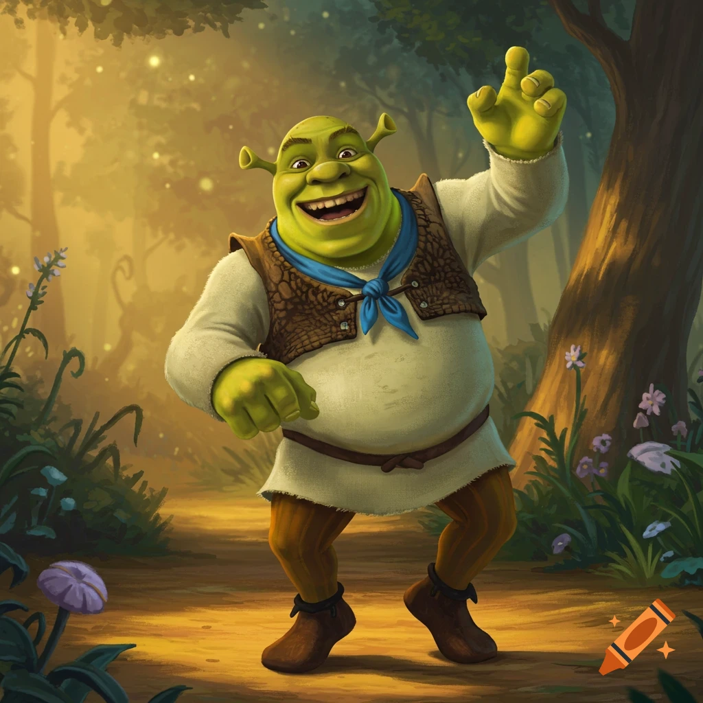 Shrek dances happily in a sunlit forest