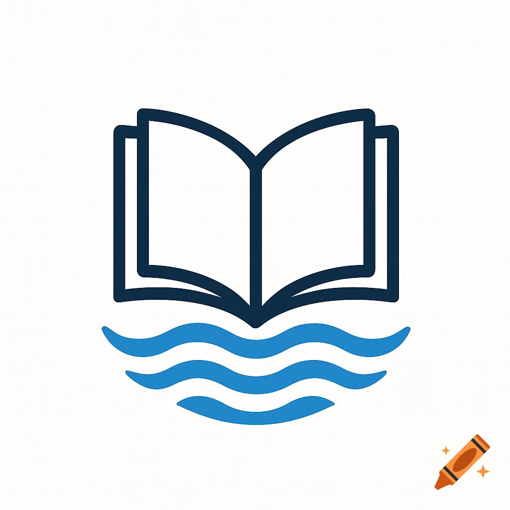 A simple logo icon showing an open book above blue waves.