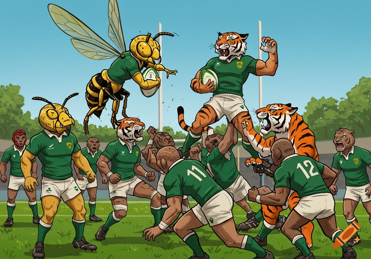 Cartoon rugby match between players with wasp heads and tiger heads, wearing green jerseys.