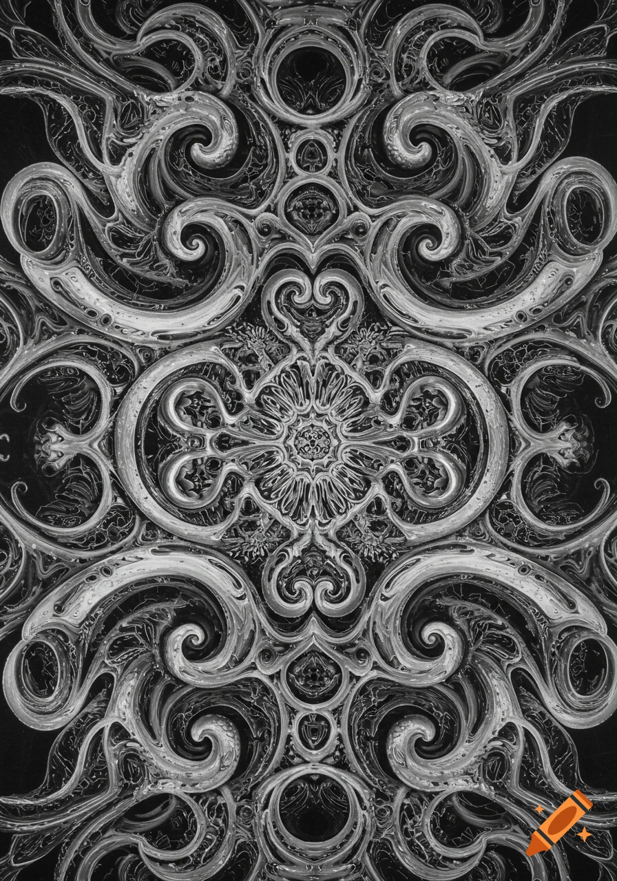 An intricate, ornate black and white pattern with swirling, organic shapes.