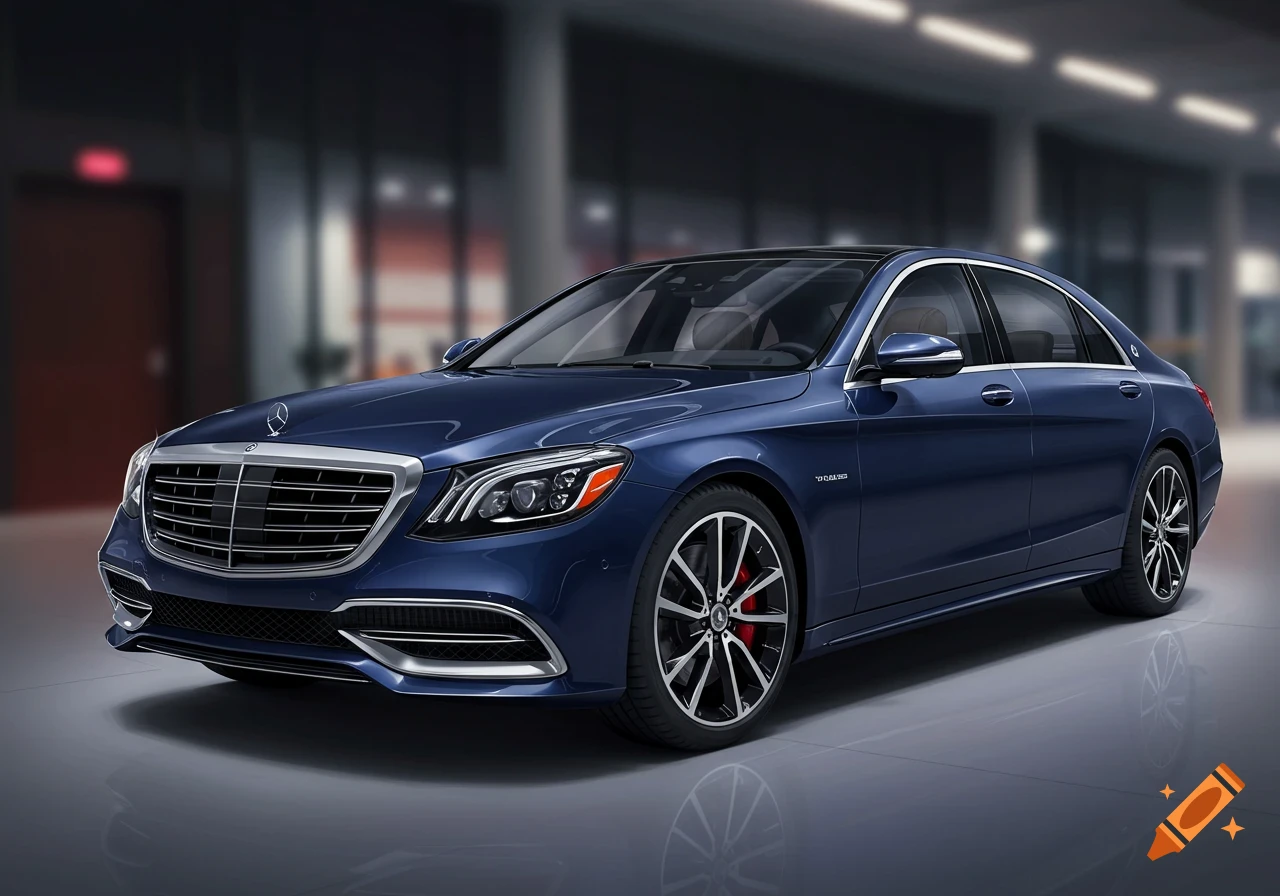 A blue Mercedes S-Class sedan is parked in a modern building.