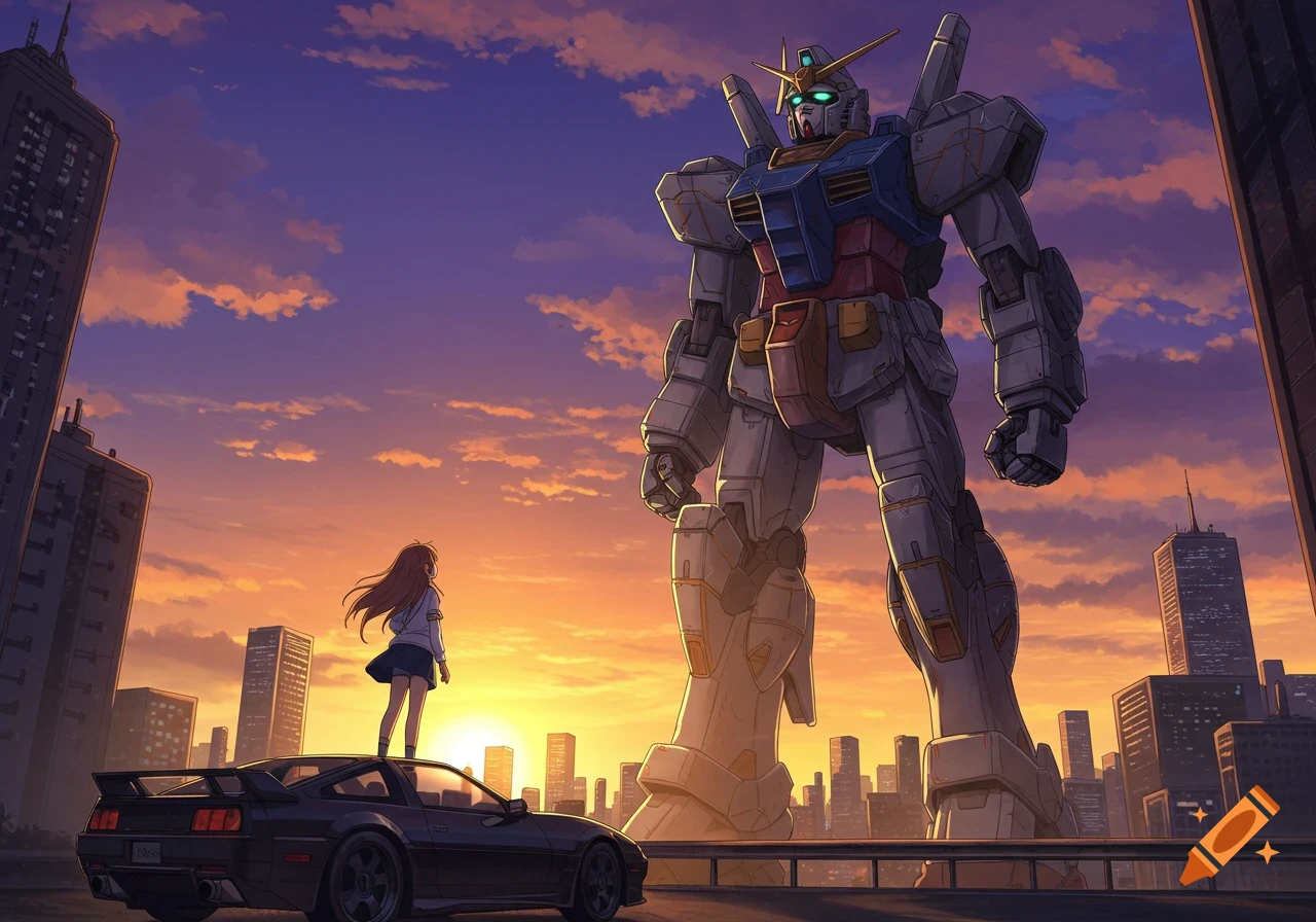Anime illustration of a girl on a car looking up at a giant mech in a city at sunset.