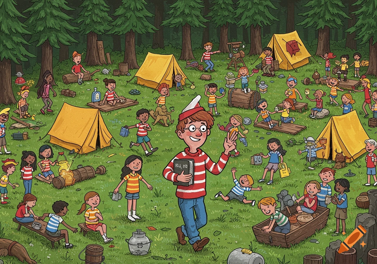 A cartoon illustration of a busy summer camp scene with many children doing various activities, featuring a Where's Waldo-like character in the foreground.