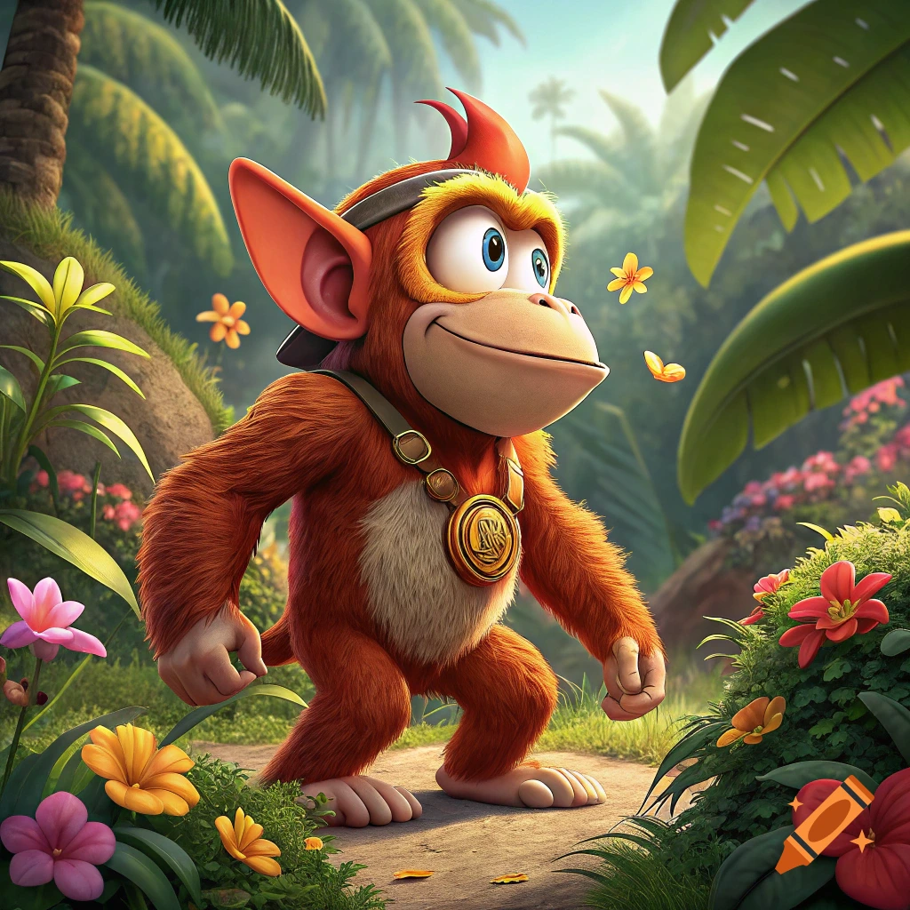 Cartoon monkey character resembling Diddy Kong stands in a vibrant jungle.